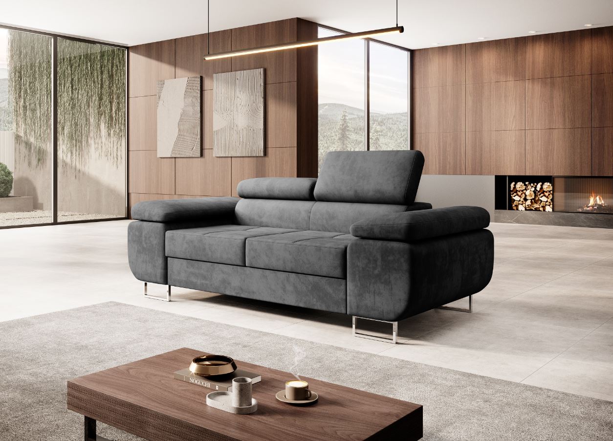 M-Punk Polstergarnitur Miami 3-2-1 Samtstoff Grau Anthrazit mit Bett Kopfteilverstellung Bett Sofa Schlafsofa Wohnlandschaft