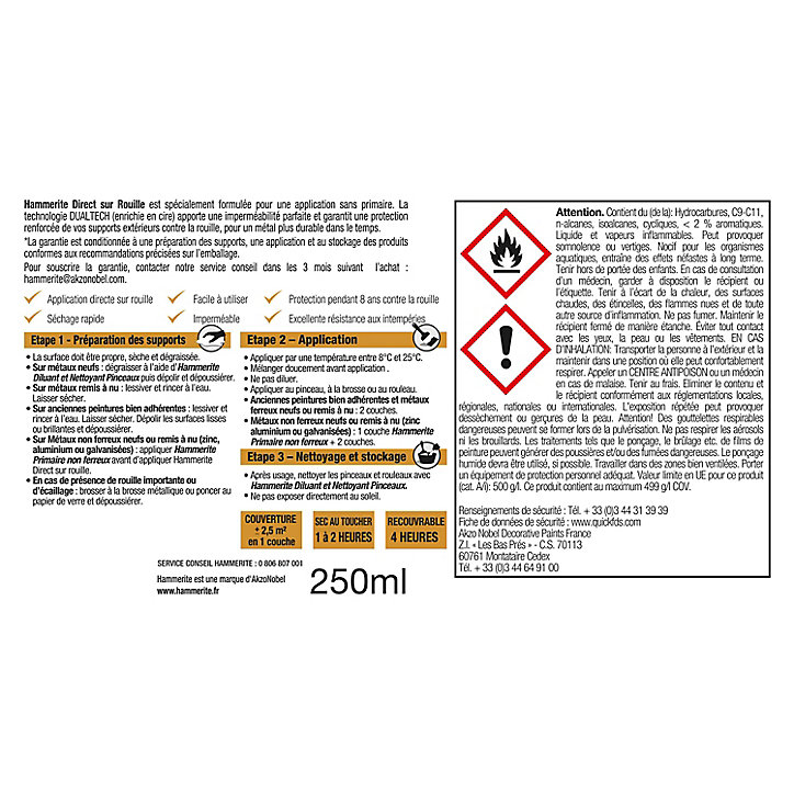 Peinture extérieure métal direct sur rouille Hammerite brillant laqué blanc cassé 250ml