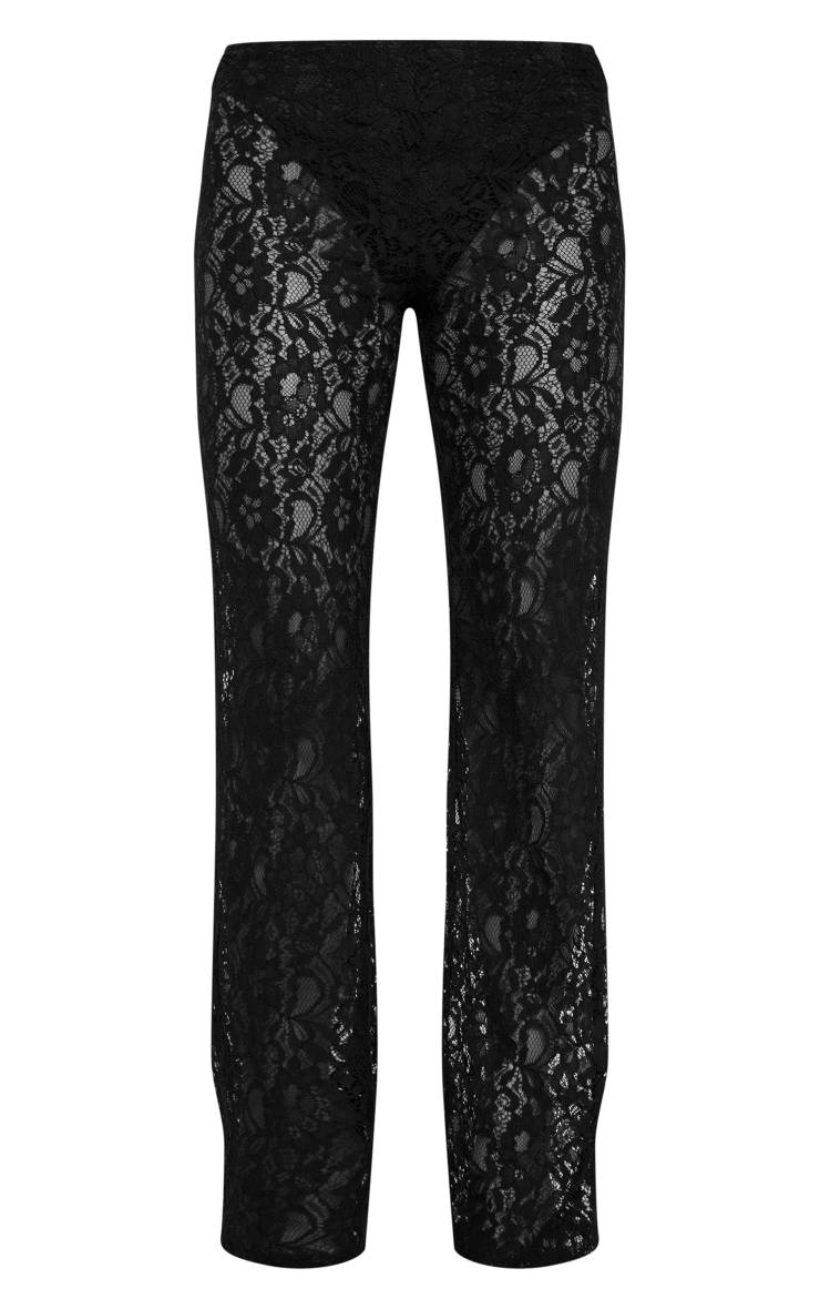 Noir Délavé Pantalon Évasé Taille Haute En Dentelle