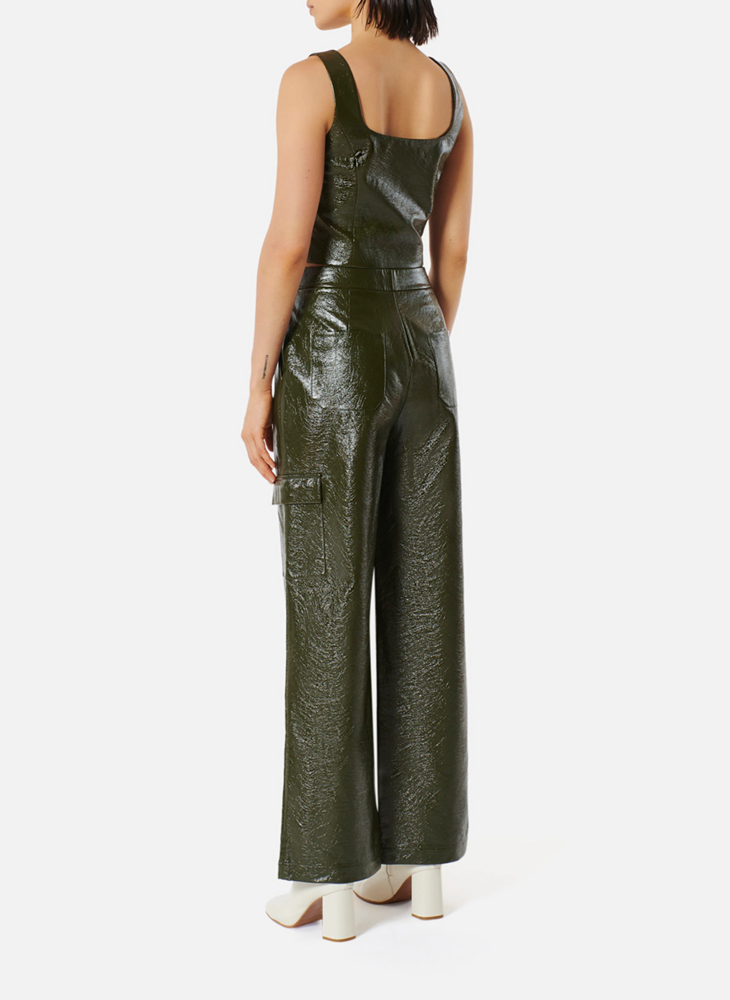 PARADIS - Pantalon large taille haute effet cuir | Vert