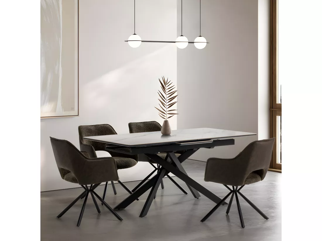 Kelmor - Table à manger extensible 6 à 8 personnes en céramique et métal 160-200x89,5cm - Blanc