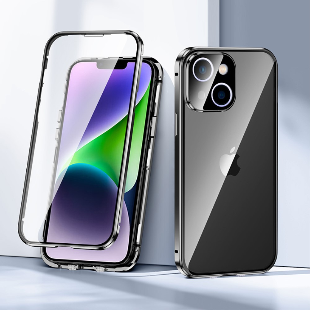 iPhone 14 Magnetische Alu Schutzhülle mit Panzer Glas Backcover   Display- / Kameraglasschutz (Magnet-Technologie) - Schwarz