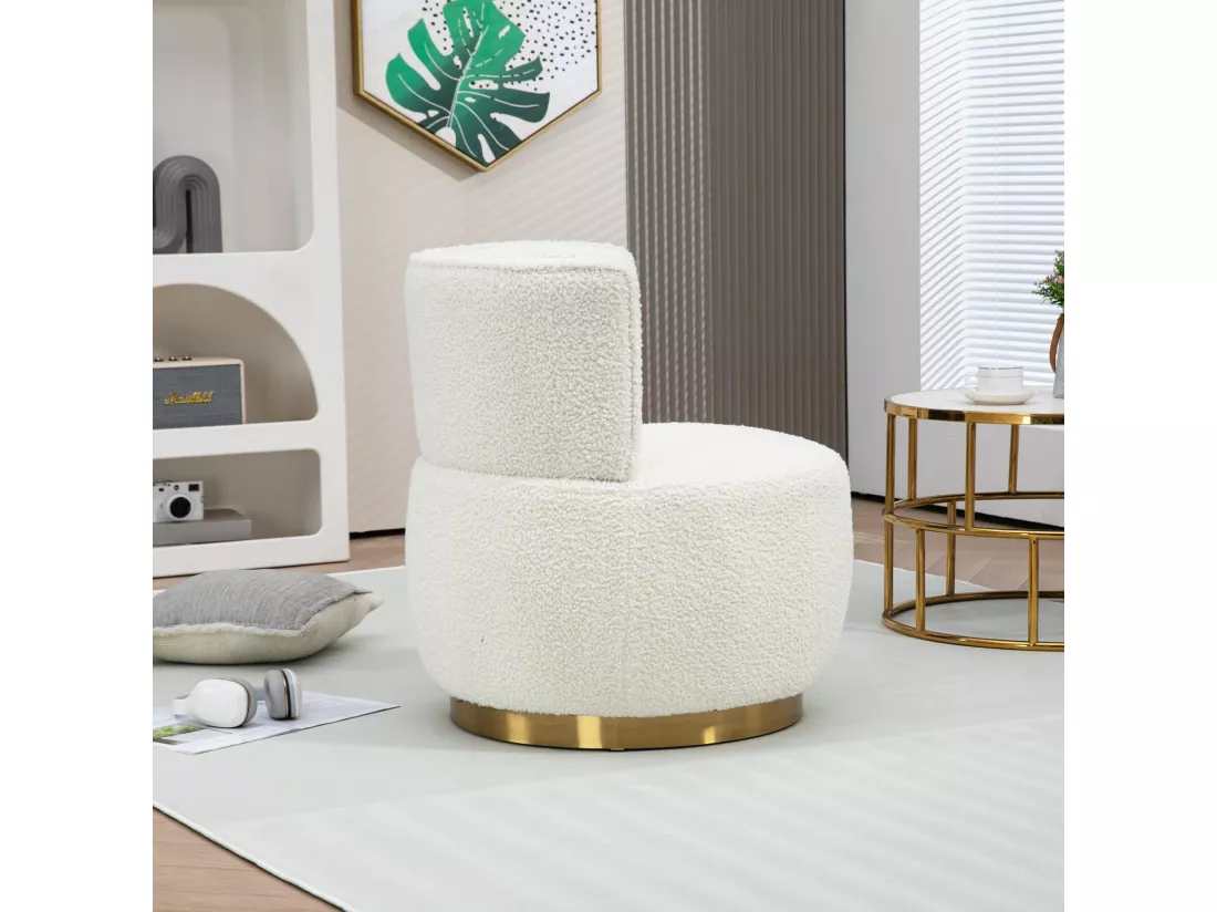 Fauteuil pivotant ronde en tissu bouclette blanc - dossier ergonomique - max 150kg - 62.5x62.5x69.5cm