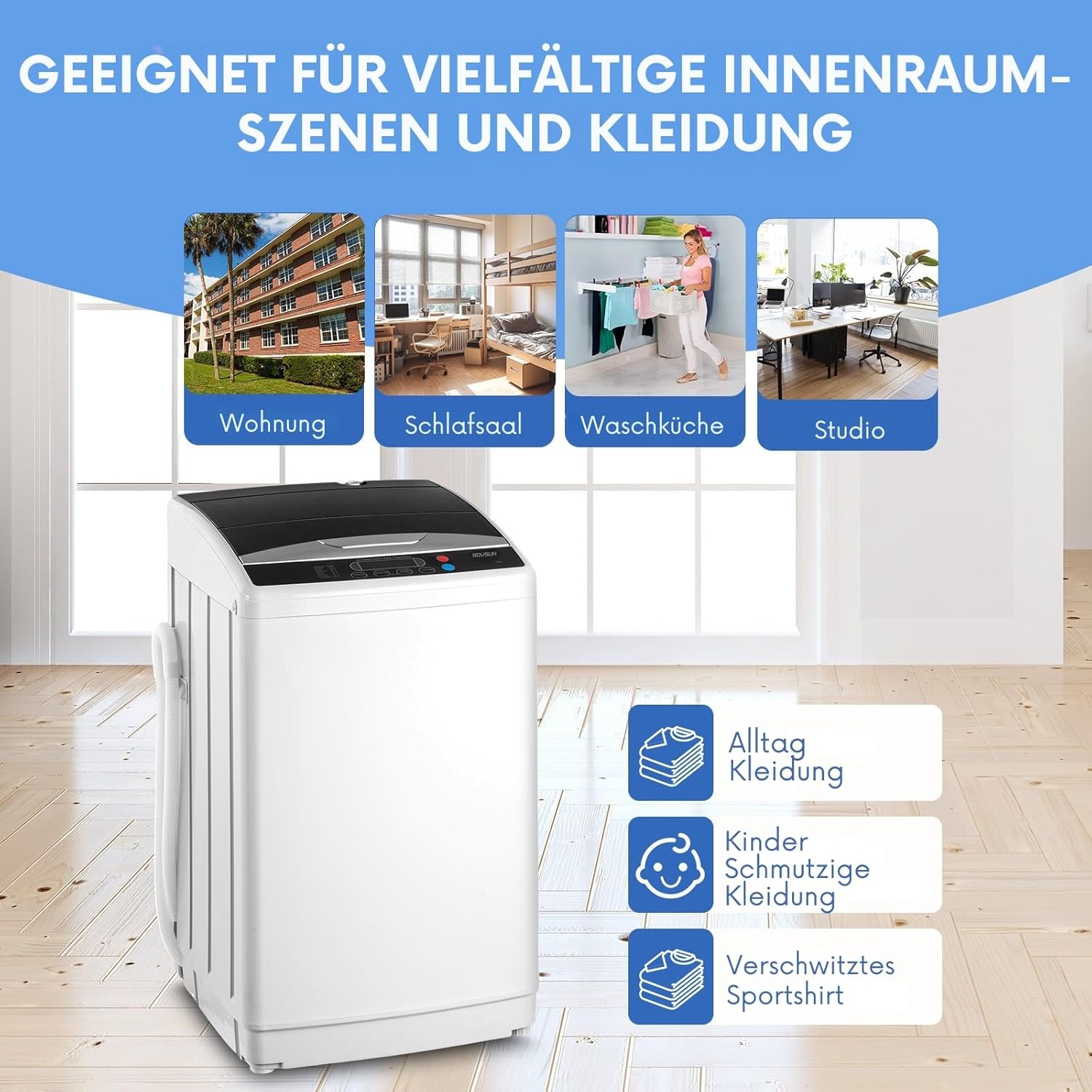 LEADZM Toplader Waschmaschine 7KG，Waschvollautomat mit Schleuder mit Edelstahltrommel，Mini Waschmaschine ideal für Apartments und Wohnmobile (7KG)