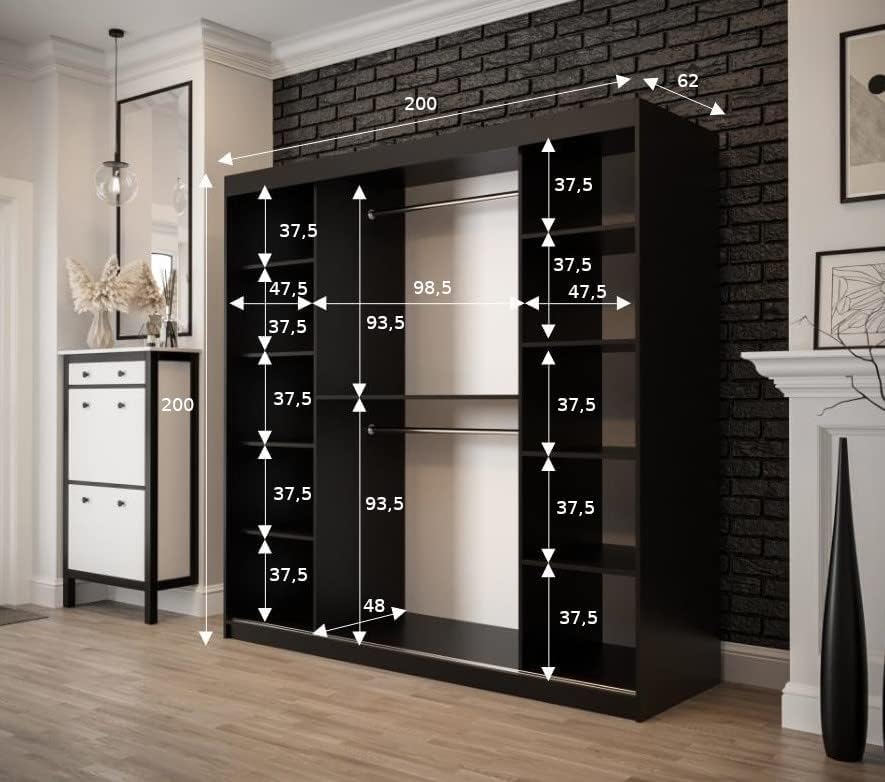 KRYSPOL Schiebetürenschrank Old Style T1 200 cm Kleiderschrank mit Spiegel Einlegeboden Schlafzimmer- Wohnzimmerschrank Schiebetüren Modern Design (Schubladen: 0)