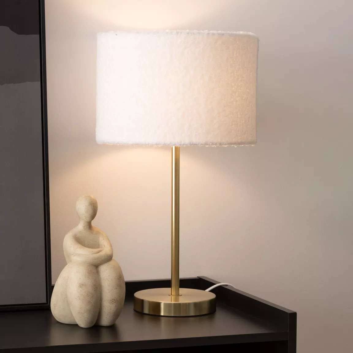 Lampe à poser bouclette et métal (H49 cm) Tina Blanc et or