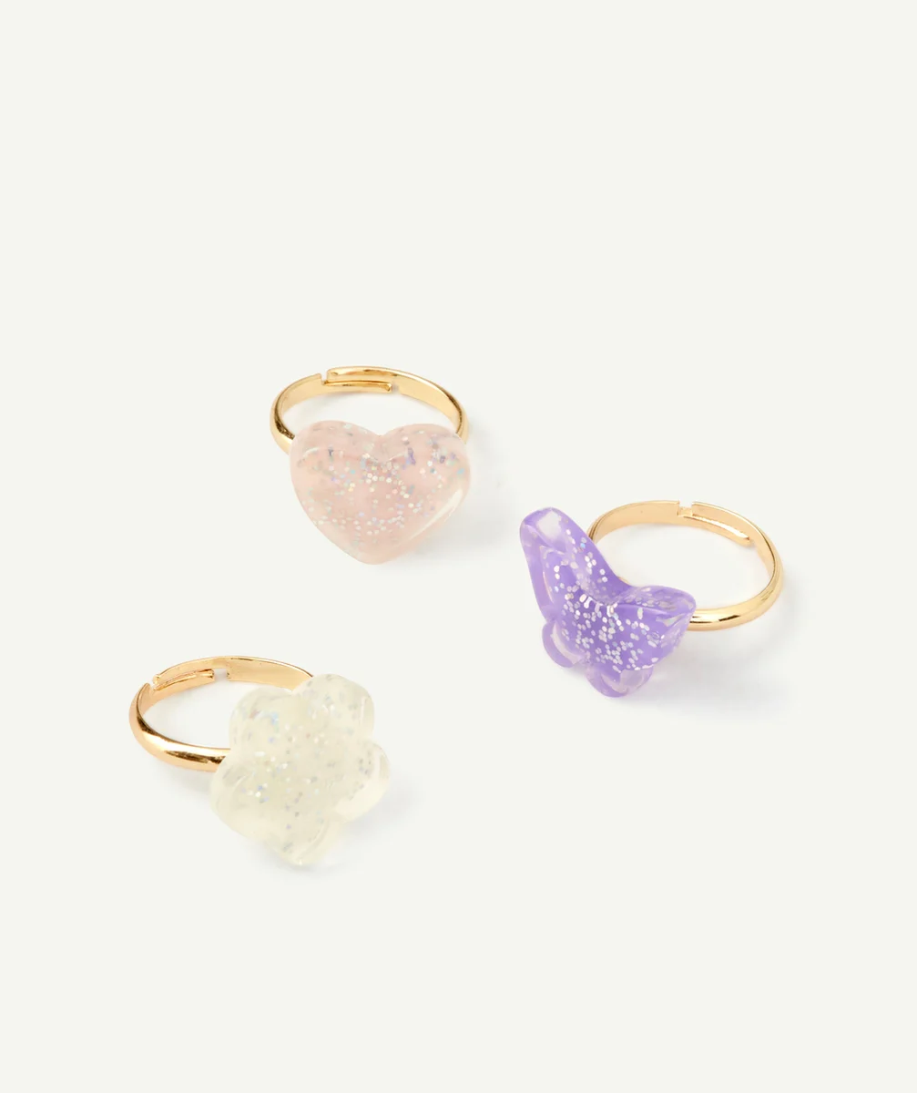 LOT DE 3 BAGUES FILLE AJUSTABLES AVEC FLEUR PAPILLON ET COEUR PAILLETÉS