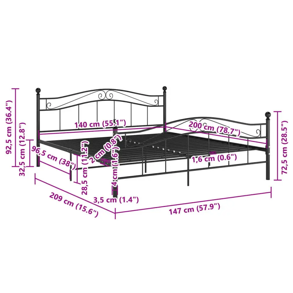 vidaXL - Meatlen bed frame - Zwart - Metaal - 140x200 cm