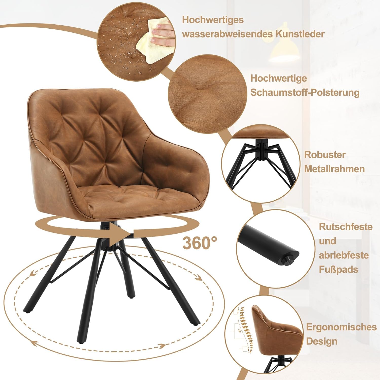 WOLTU Esszimmerstühle drehbar 4er Set, Armlehnstühl 360° drehbar, Essstühl, Küchenstühl, Polsterstühl, Armlehnstühl, für Esszimmer, Wohnzimmer,mit Metallbeinen Kunstlederbezug, Hellbraun EZS61hbr-4