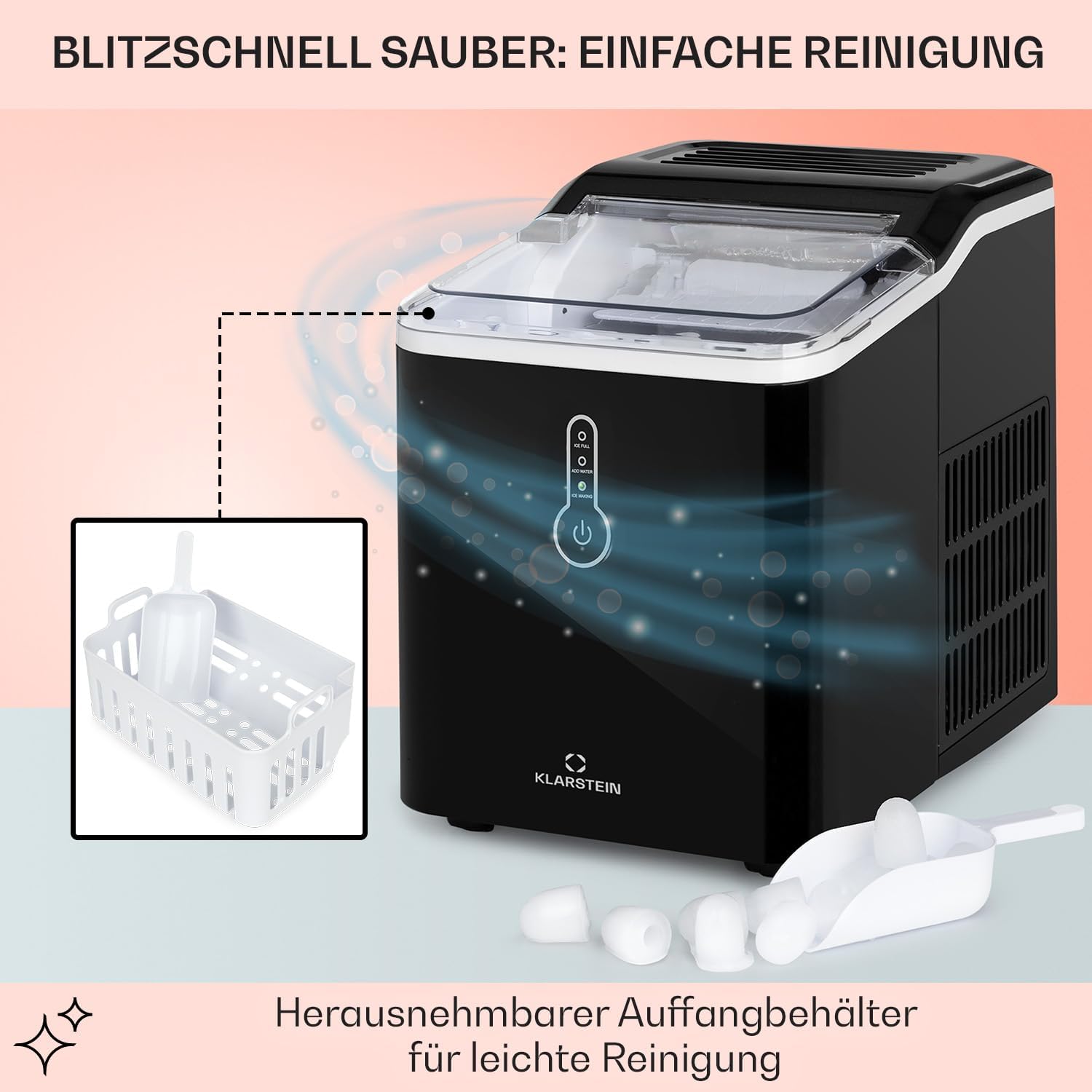 Klarstein Eiswürfelmaschine Klein, 1,5L Eiswürfelbereiter, Eiswürfelmaschine für Große Eiswürfel, Schnelle Mini-Eiswürfelmaschine, Leichte Reinigung, Eiswürfelbereiter 12kg Eis pro Tag