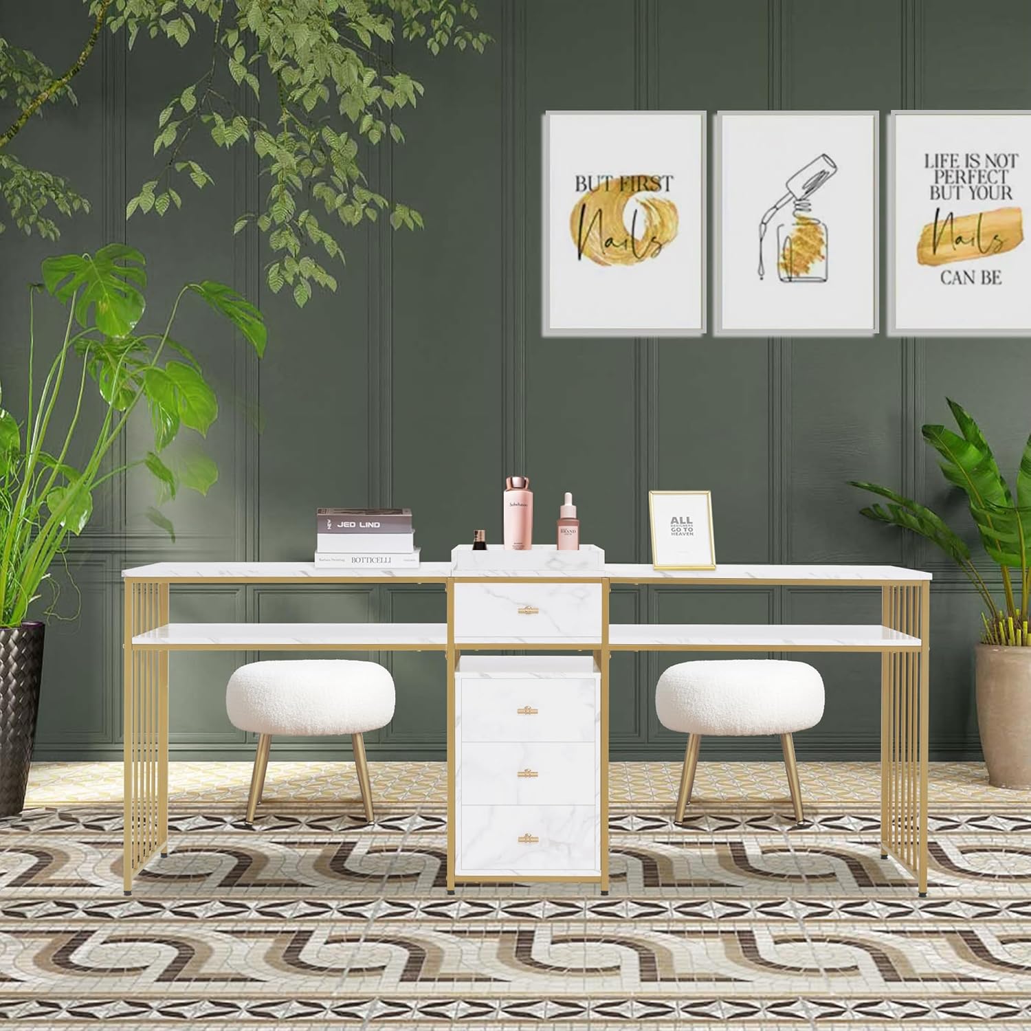 M MCombo Doppelnageltisch mit Schubladen, Schreibtisch mit Regal, Manikürtisch, Schminktisch ohne Spiegel Wohnzimmer Modern, Marmor-Weiß Gold, 50 x 200 x 86cm, 2413