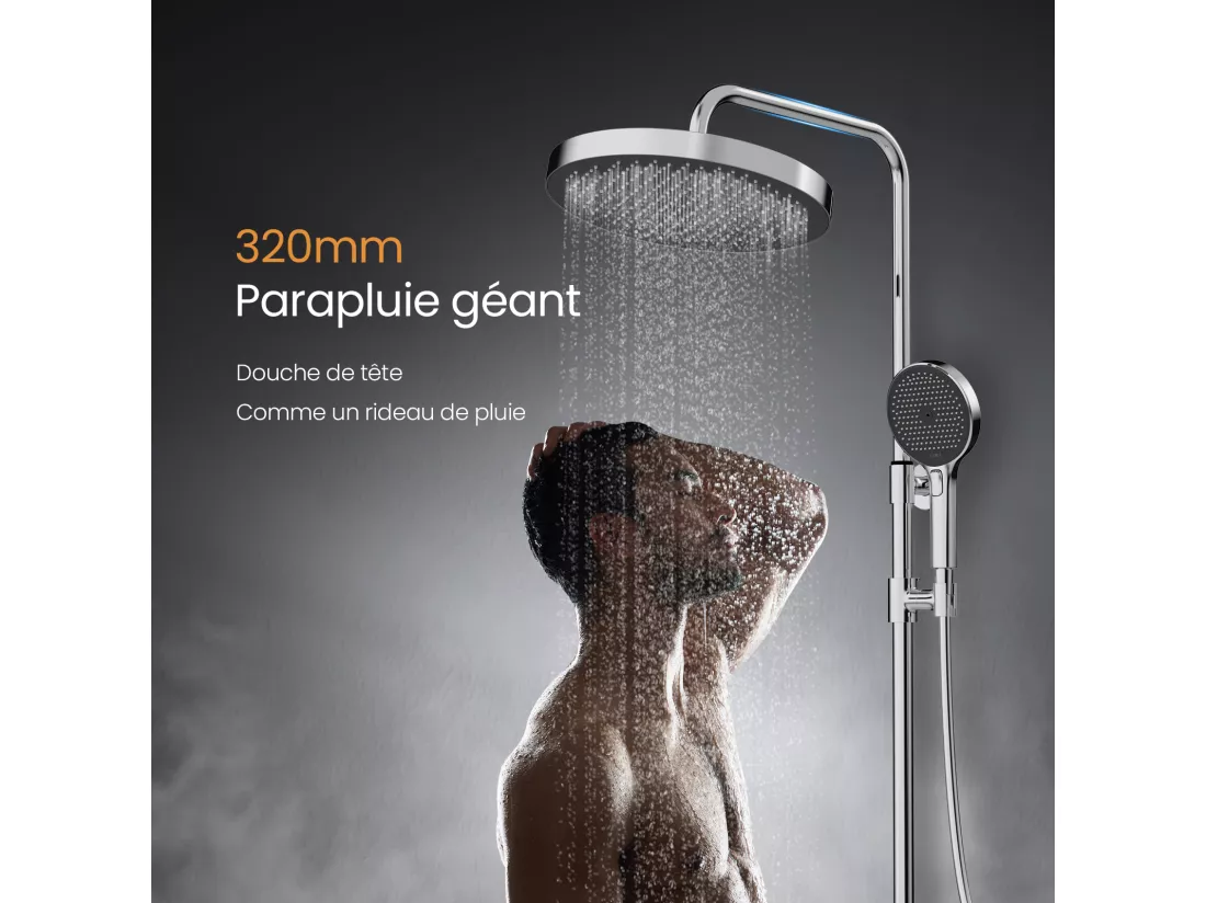 EMKE Colonne de Douche avec douche theramostat 38 °C à Grande douche de tête et douchette multimode, Cercle, chromé