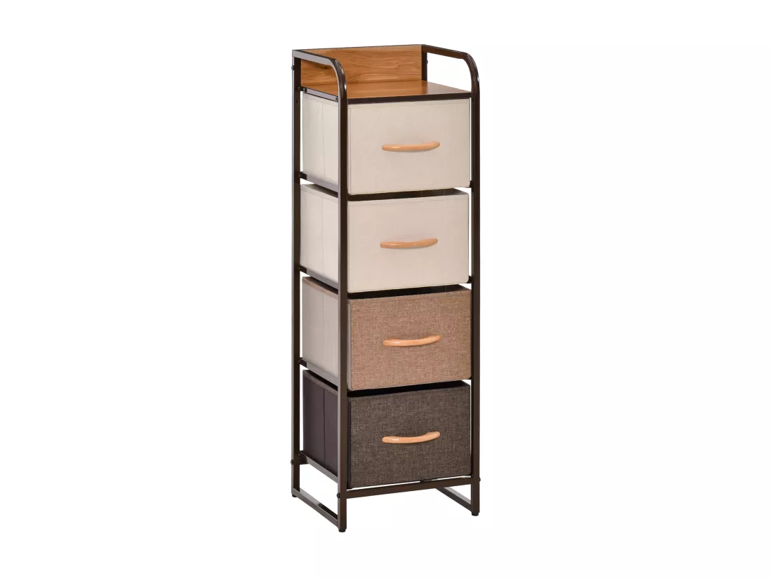 Meuble de rangement chiffonnier 4 tiroirs acier MDF aspect bois non tissé marron beige