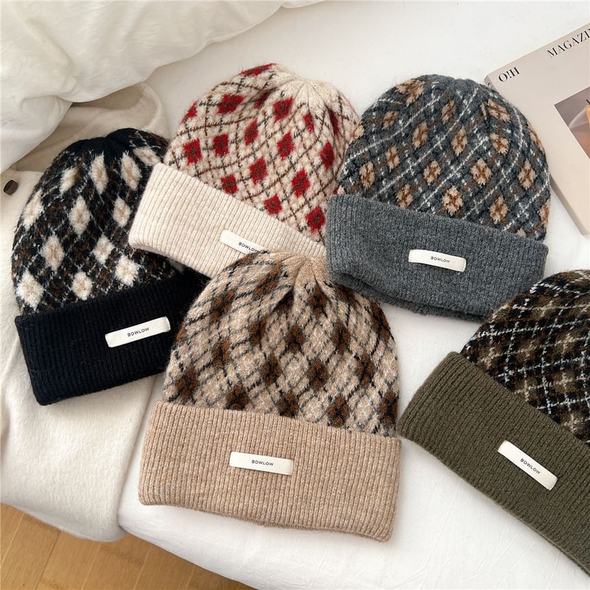 LANWO - Argyle appliqué gebreide muts