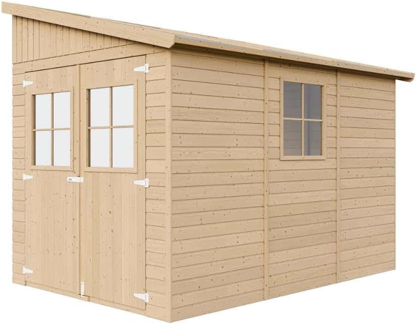 Holz Gartenschuppen (ohne Seitenwand) MIT IMPRÄGNIERTEM Boden - Abstellkammer mit Fenstern - H244x211x318 cm/6,02 m2 - Gartenwerkstatt - Fahrrad- Geräteschuppen TIMBELA M339+M339G