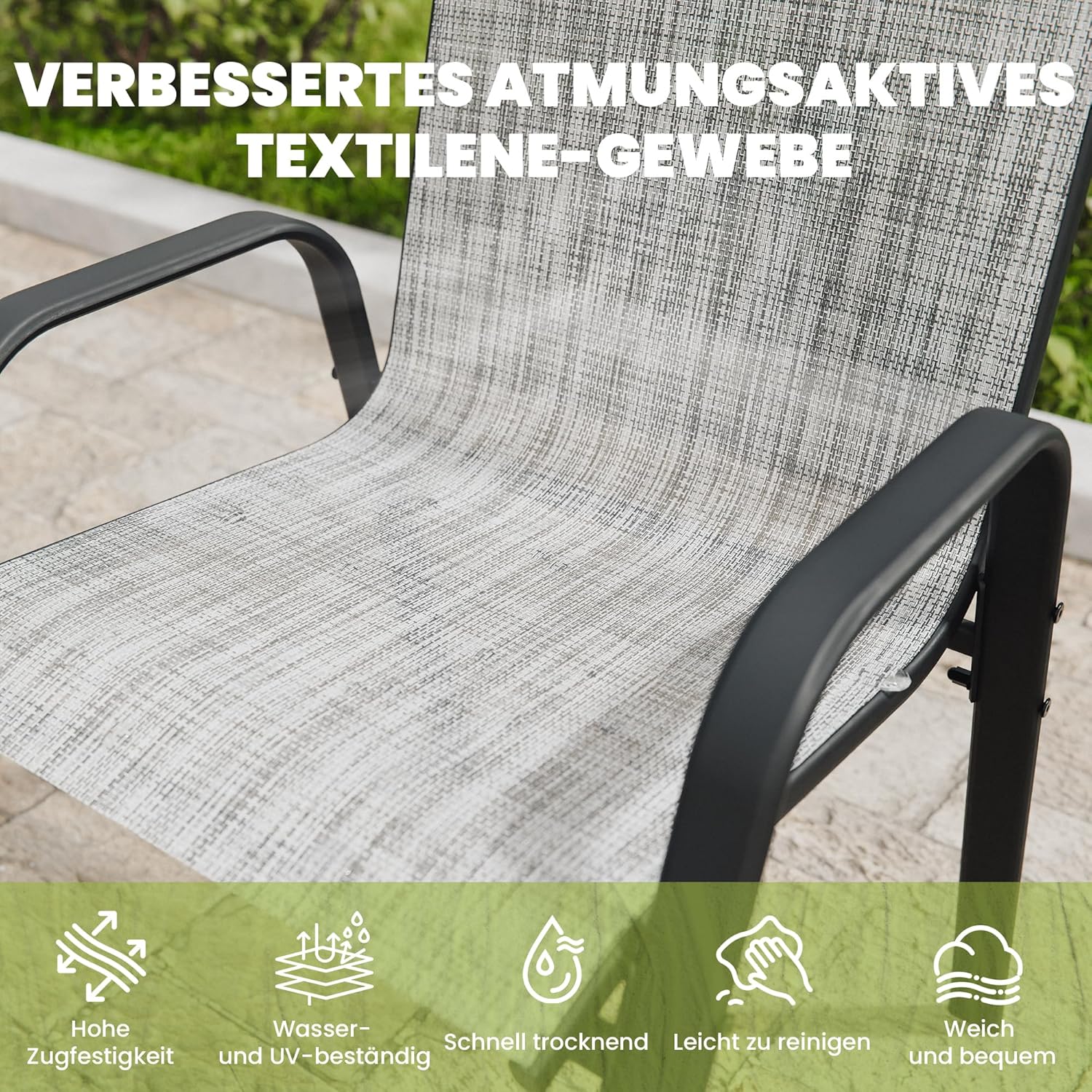 ALAULM Hochlehner Gartenstühle 4er Set Stapelbar, Wetterfeste Terrassenstühle mit Armlehnen, Atmungsaktives Textilene & Stahlgestell für Garten, Balkon, Terrasse, Poolbereich (Grau)