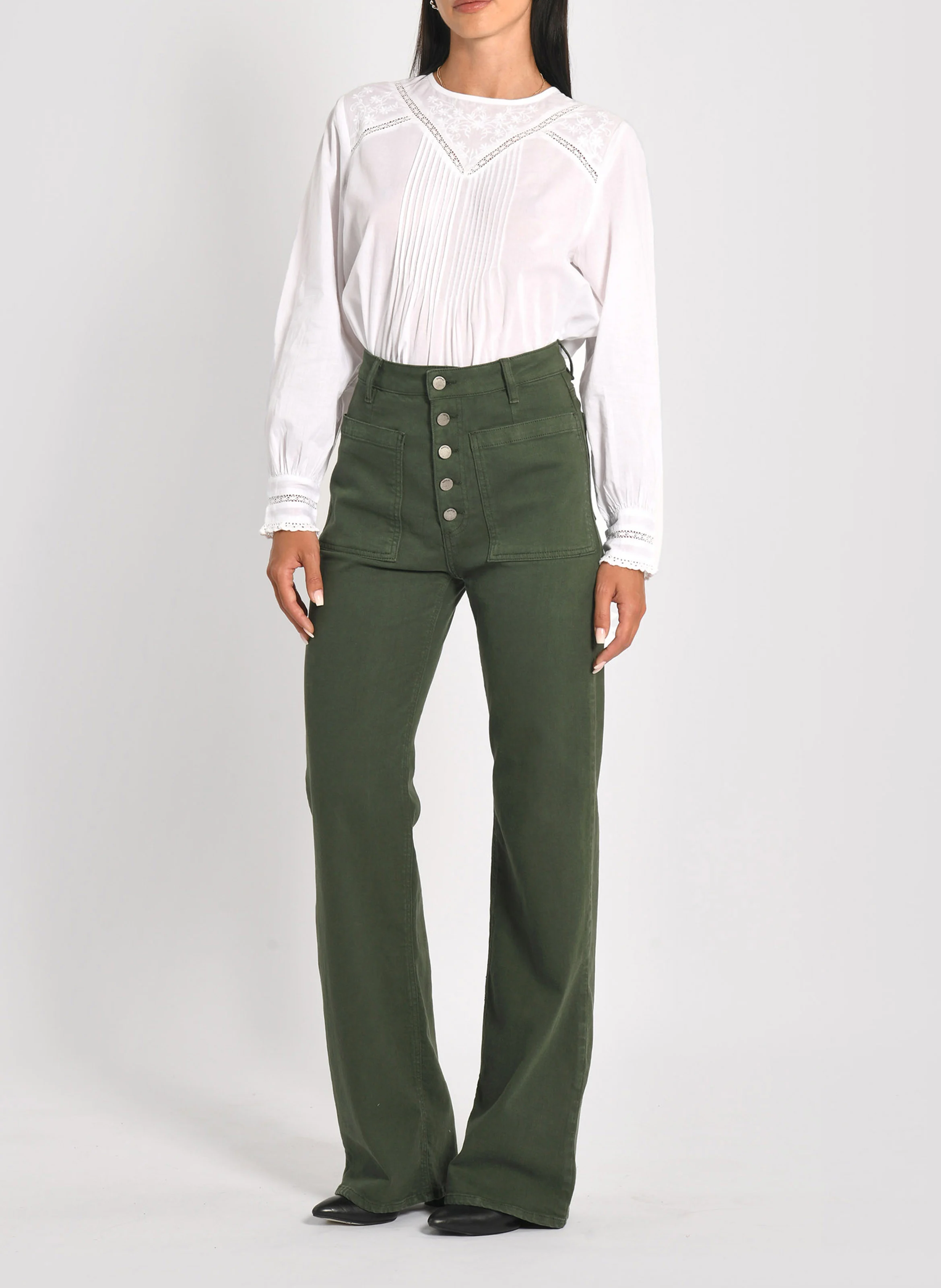 THADEE - Pantalon flare à fermeture boutonnée en coton mélangé | Kaki