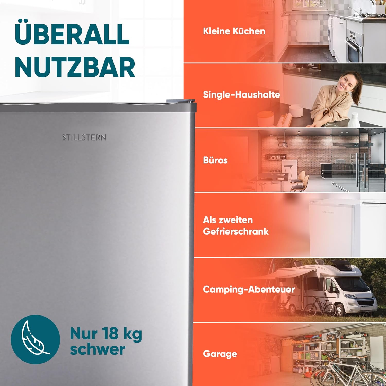Stillstern Mini Gefrierschrank (42L) -18°C, Eiswürfelschale, Schloss, Türanschlag wechselbar, 4-Sterne Tiefkühlschrank für Camping/Büro Gefriertruhe Klein Gefrierschrank Klein Tiefkühltruhe Silber