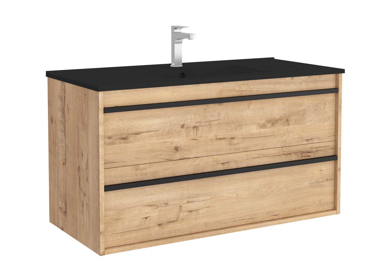 Muebles Resh badkamermeubel eiken 100cm met zwarte wastafel en kraangat