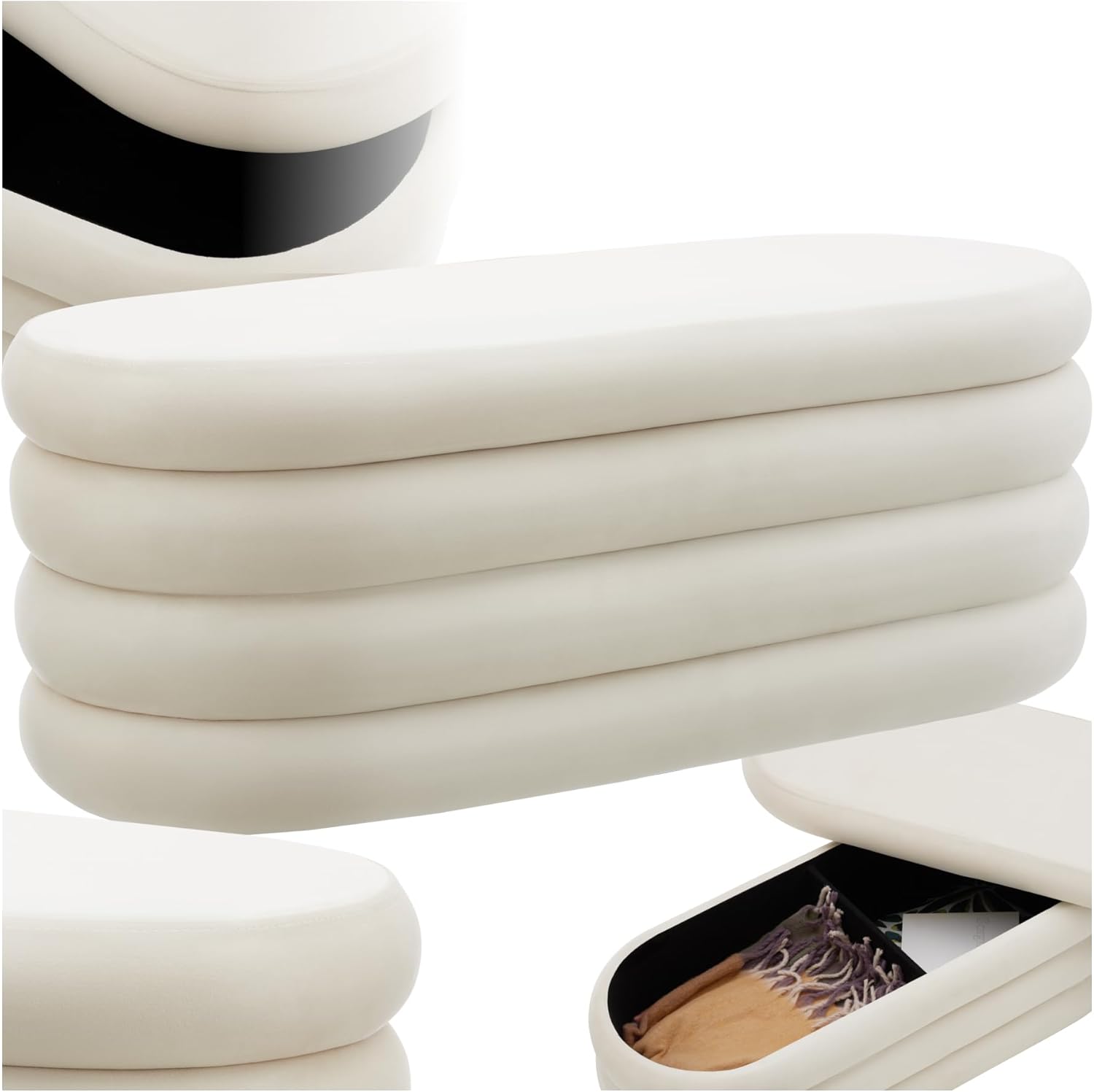 tectake® Sitzbank mit Stauraum, Sitzhocker, Hocker mit Stauraum, Pouf, Polsterhocker, Sitztruhe, Truhe mit Deckel, Truhenbank mit Stauraum, Möbel Wohnzimmer, 110 x 45 x 42 cm - Samtoptik Creme-weiß