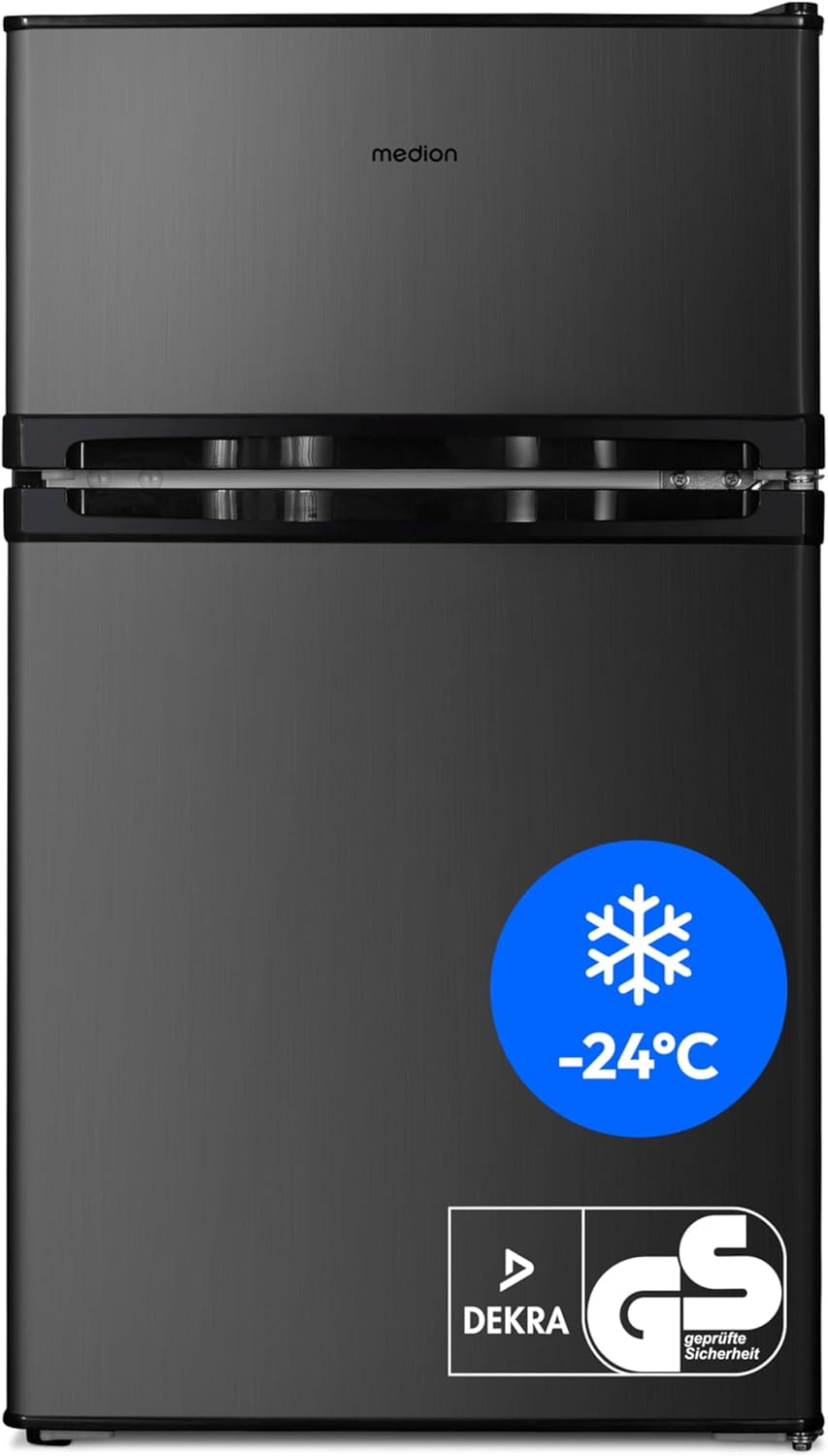 MEDION Mini Kühl-Gefrierkombination (85 Liter, 61L Kühlteil, 24L Gefrierteil, freistehend, 40 dB, transparente Gemüseschublade, Türanschlag wechselbar, MD 37689) grau