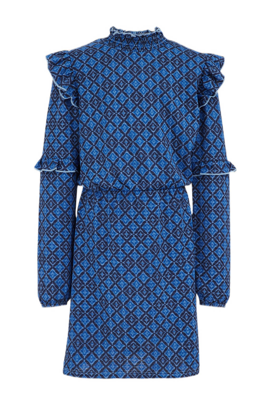 WE Fashion jurk met all over print en ruches blauw