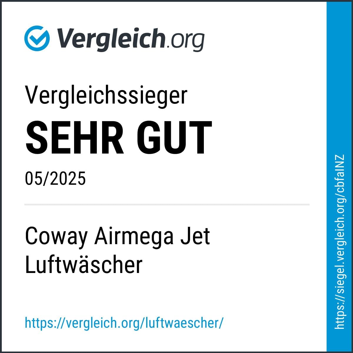 COWAY Luftreiniger Allergiker – mit MegaJet-Luftstrom vorn/oben, entfernt 99,999% der Partikel bis 0,01µm, ECARF-geprüft, für Pollen, Staub & Tierhaare, CADR 402m³/h – AIRMEGA JET
