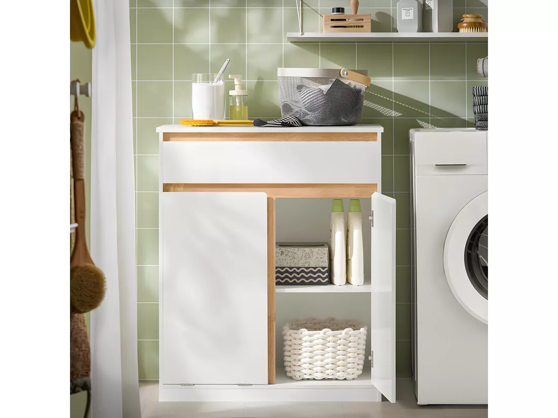 SoBuy Meuble Bas de Salle de Bain avec Bac à Linge Amovible Armoire à Linge Commode pour Salle de Bain Armoire Toilette avec 1 Tiroir, et 1 Panier à Linge, 71x33x85 cm, Blanc, BZR79-W