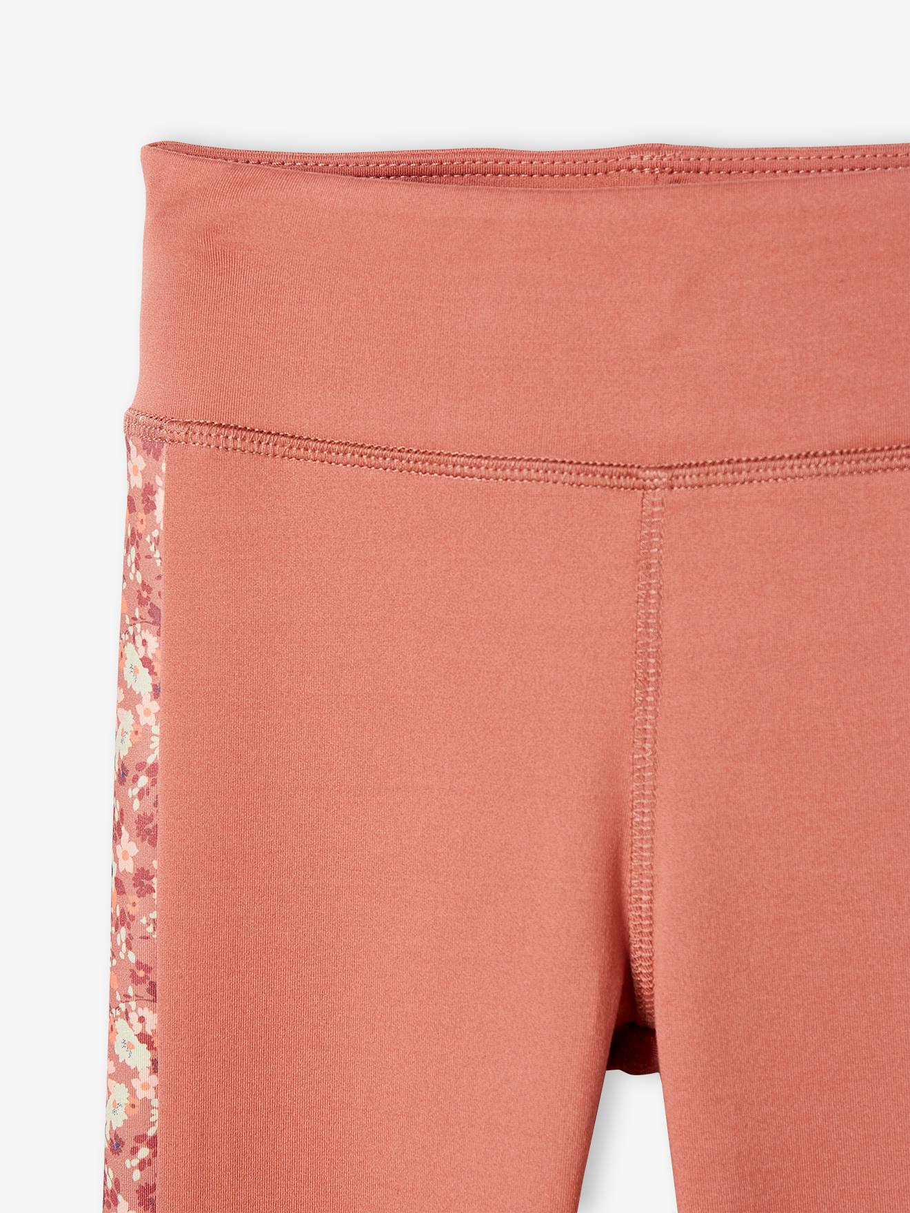 Leggings esportivas femininas em tecido técnico com listras laterais florais, cor argila.
