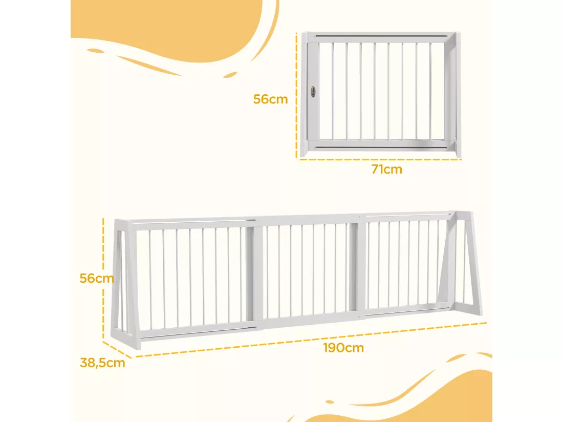 Barrière de sécurité chien 3 panneaux rétractable autoportante dim. 71-190L x 38,5l x 56H cm bois blanc