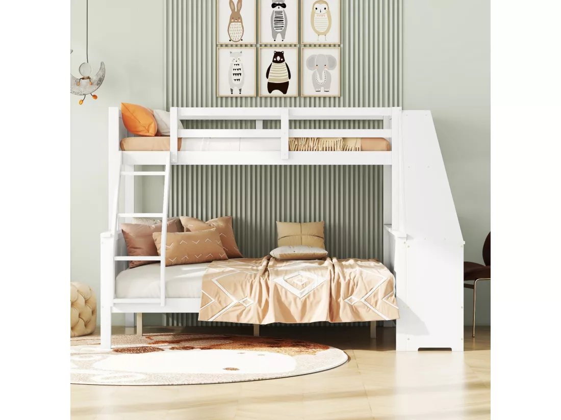 Lit superposé 90x200cm+140x200cm, lit d'enfant équipé d'une table, grand espace de rangement, rampe haute, blanc