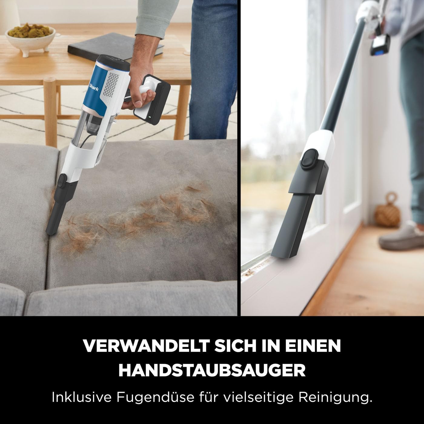 Shark kabelloser Akku-Staubsauger m. FloorDetect, Anti-Hair-Wrap, PowerFins, 40 Min Laufzeit, LED-Display, Staubsauger kabellos & Handstaubsauger-Modus m. Fugendüse, Weiß und Marineblau BU1120EU