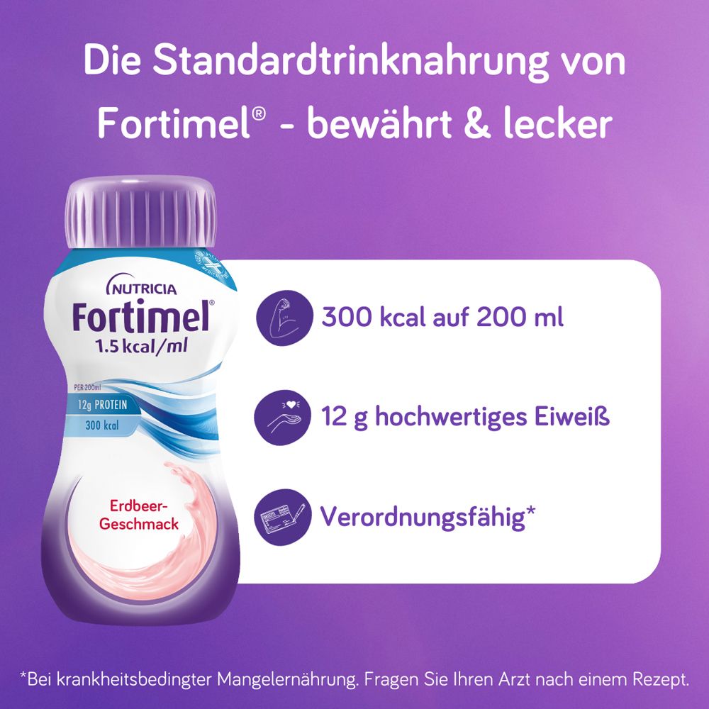 Fortimel® 1.5 kcal Erdbeere – Hochkalorische Trinknahrung mit allen wichtigen Nährstoffen, Vitaminen, Mineralien und Spurenelementen – 300 kcal und 12 g Eiweiß pro Flasche