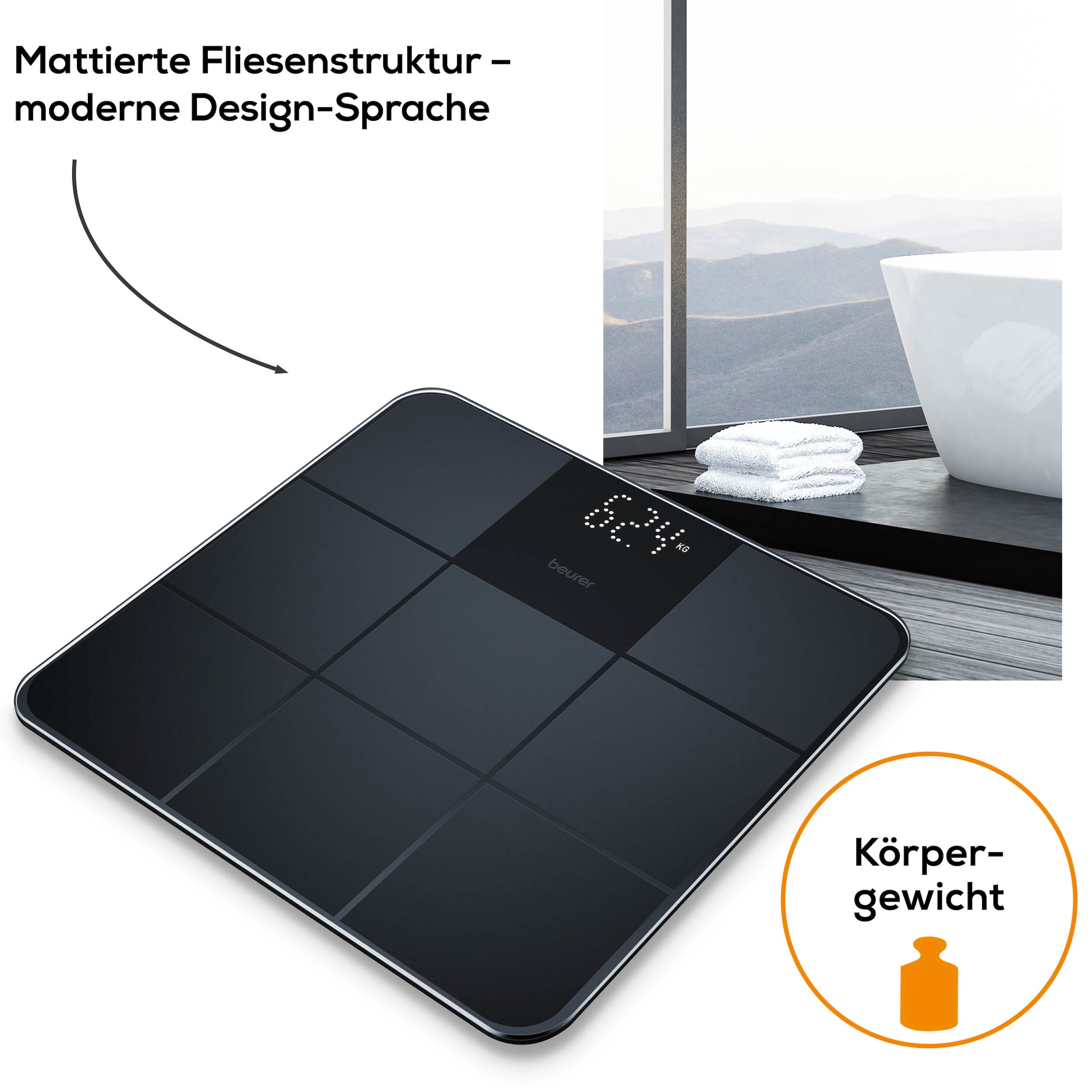 BEURER Personenwaage »GS 235 Glaswaage mit Magic-LED Display - erscheint nur bei Messung« Elegante Oberfläche mit matter Fliesenstruktur, Tragkraft bis 180 kg