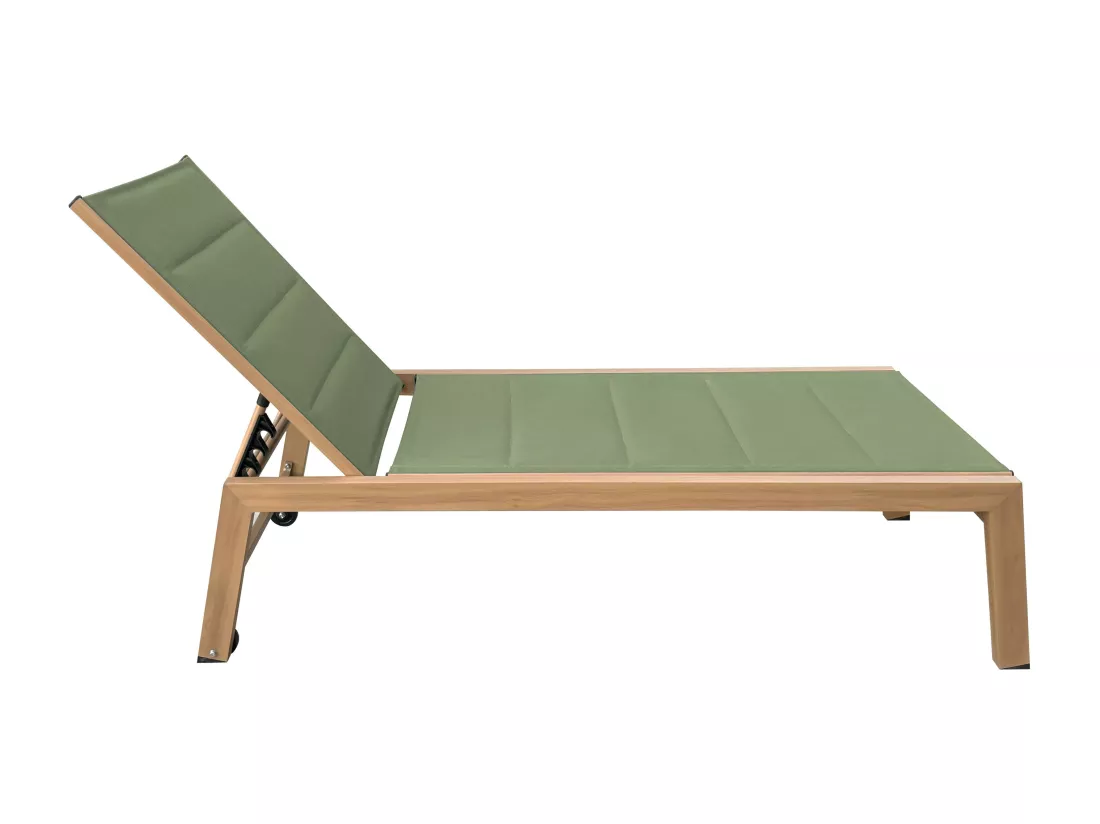 Lot de 2 bains de soleil effet bois inclinable avec roues vert sauge - Futuna