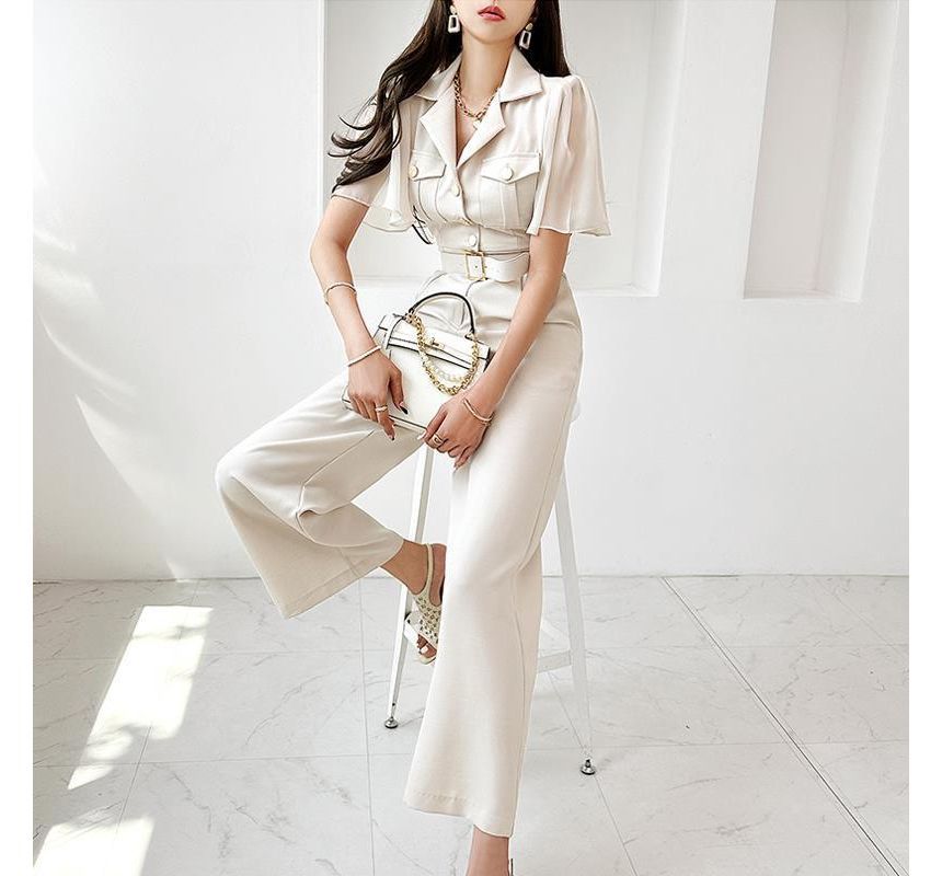 Cassidy - Jumpsuit met korte mouwen, reverskraag en effen kleur