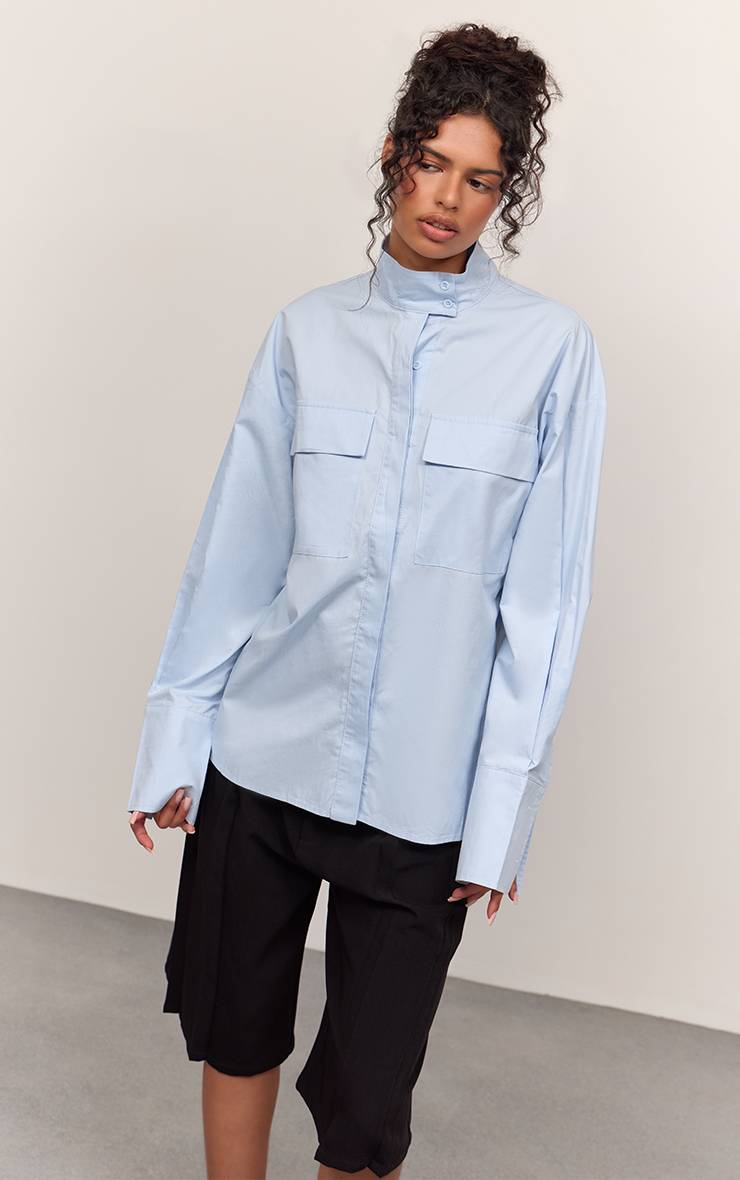 Bleu Clair Chemise Oversize En Coton Avec Poches Détaillées