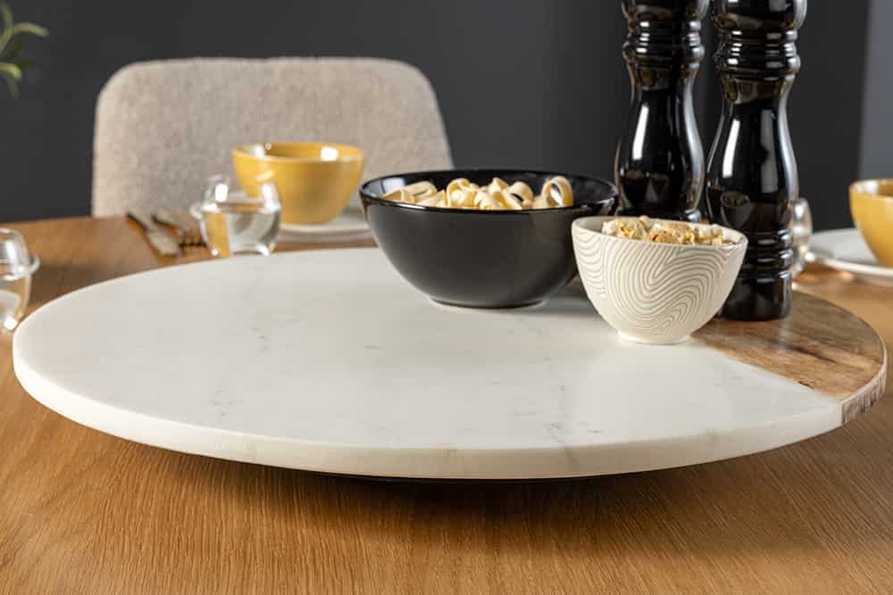 Handgefertigter Drehteller SERVANT 50cm weiß natur Marmor Mangoholz Dekoplatte rund