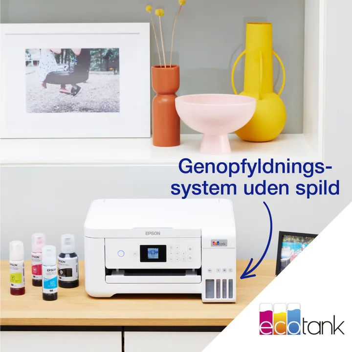 Epson EcoTank ET-2856 - Multifunktionsprinter - farve - blækprinter - kan genopfyldes - A4 (medie) - op til 10.5 spm (udskriver) - 100 ark - Wi-Fi, USB - hvid