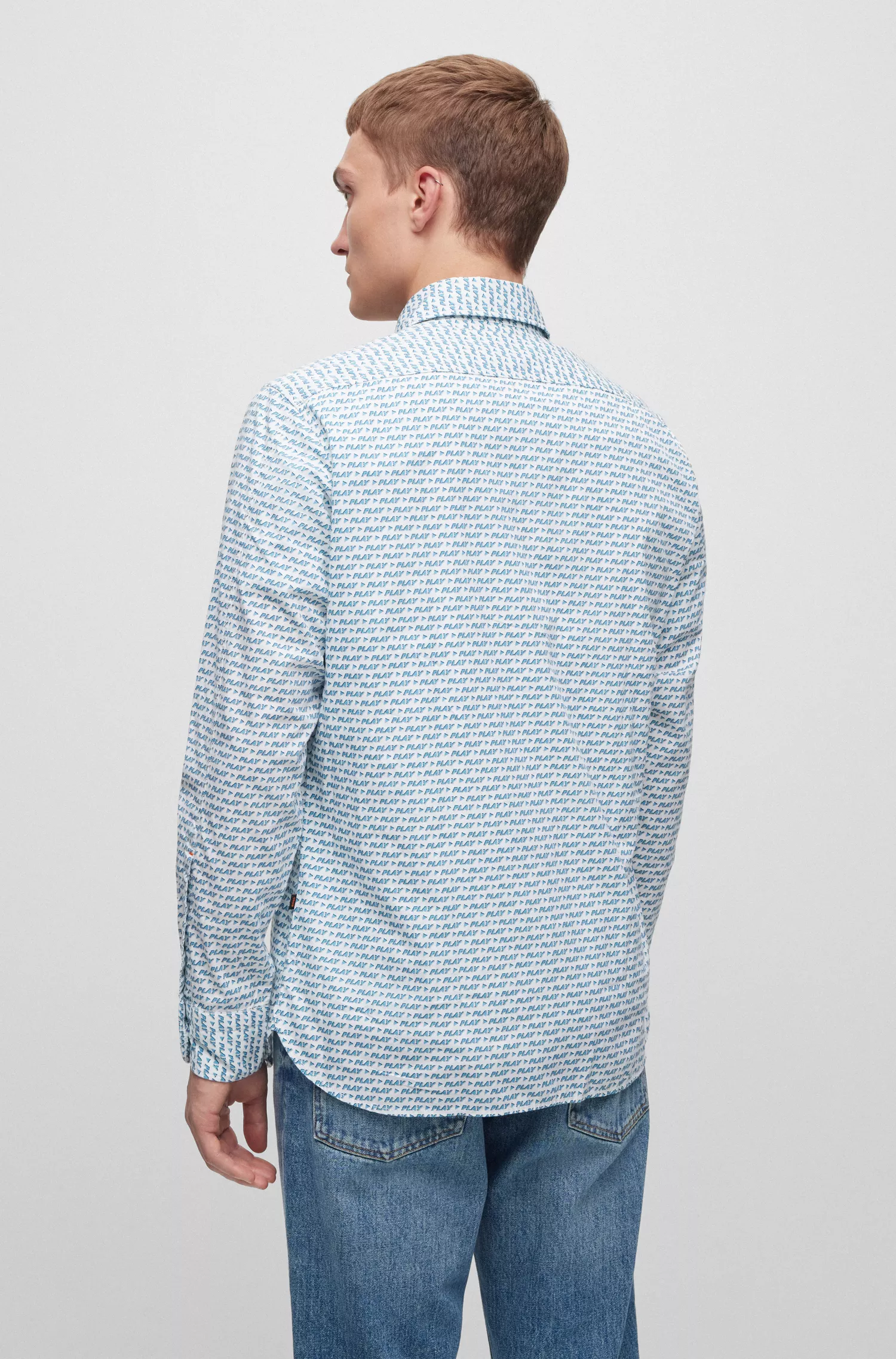 Camisa BOSS laranja, corte regular, em popeline de algodão estampado.