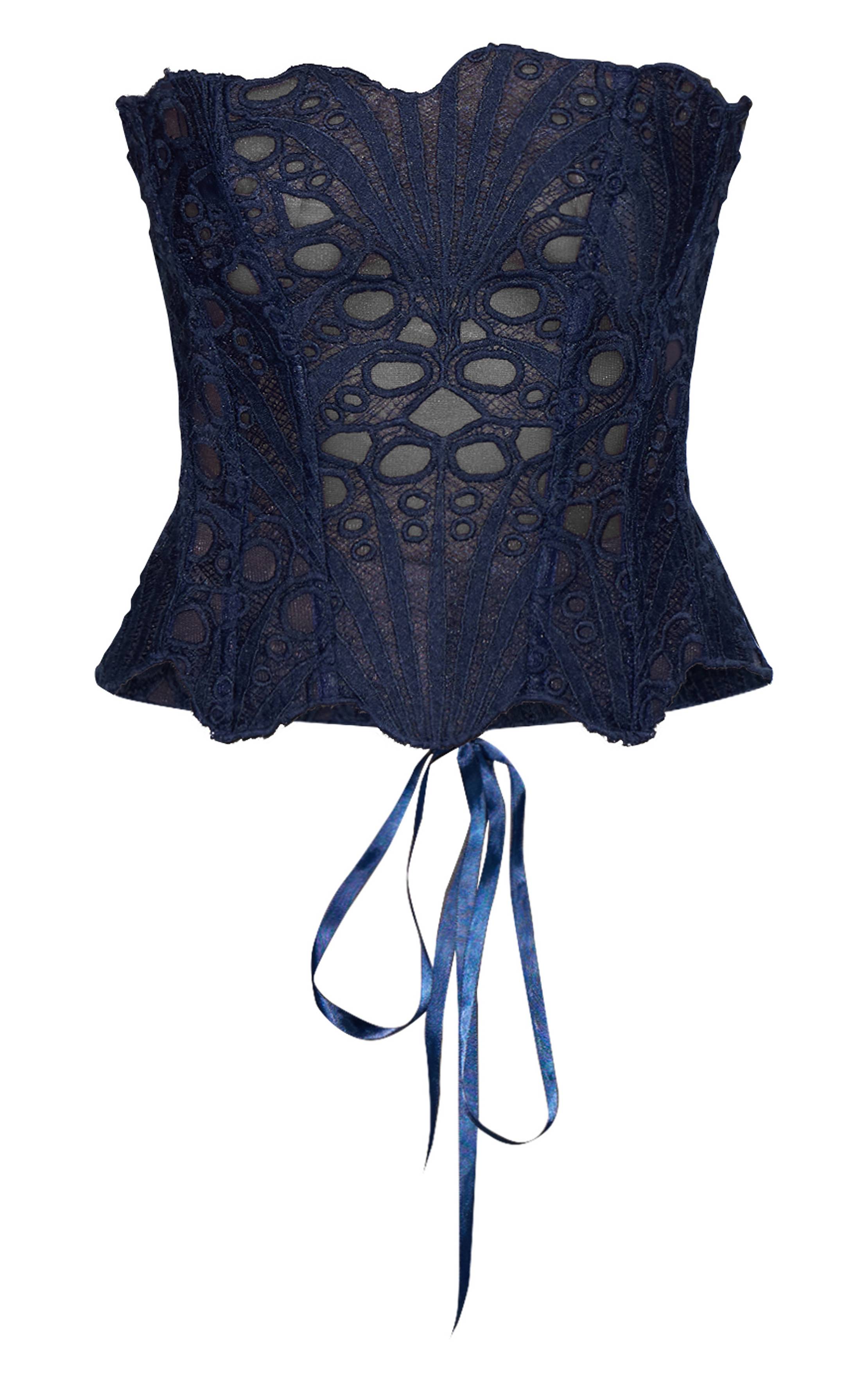 Bleu Marine Corset En Dentelle Florale Transparente Texturée