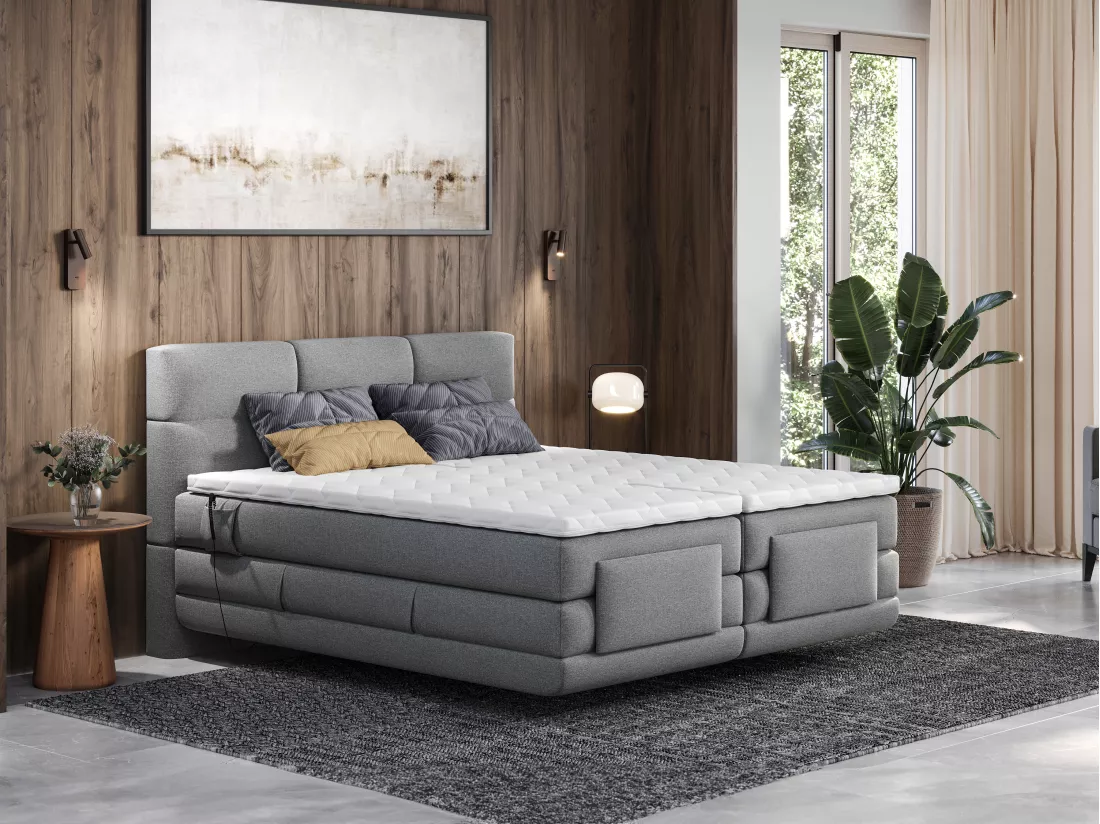 Ensemble complet boxspring tête de lit capitonnée + sommiers relaxation électrique + matelas + surmatelas - 2 x 90 x 200 cm - Tissu - Gris clair - LODI de PALACIO