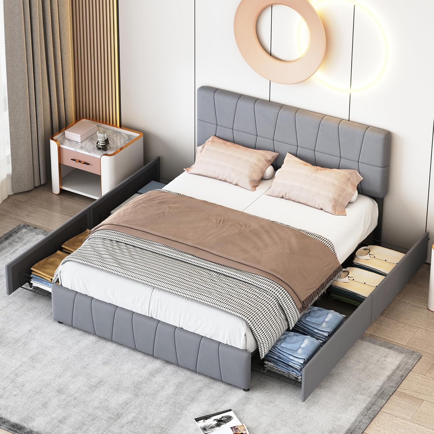 Bett mit Stauraum 160x200 cm mit 4 Schubladen, Polsterbett Doppelbett mit Verstellbares Kopfteil, Jugendbett mit Stauraum und Lattenrost, Funktionsbett Bettgestell, Samt (Grau-Samt, 160x200cm)