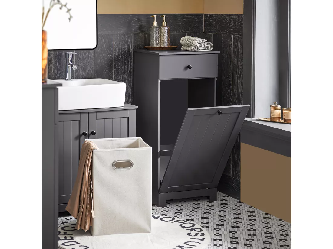 Meuble Bas De Salle De Bain Armoire Toilette Avec 1 Tiroir 1 Panier À Linge Gris Foncé, BZr21-dg