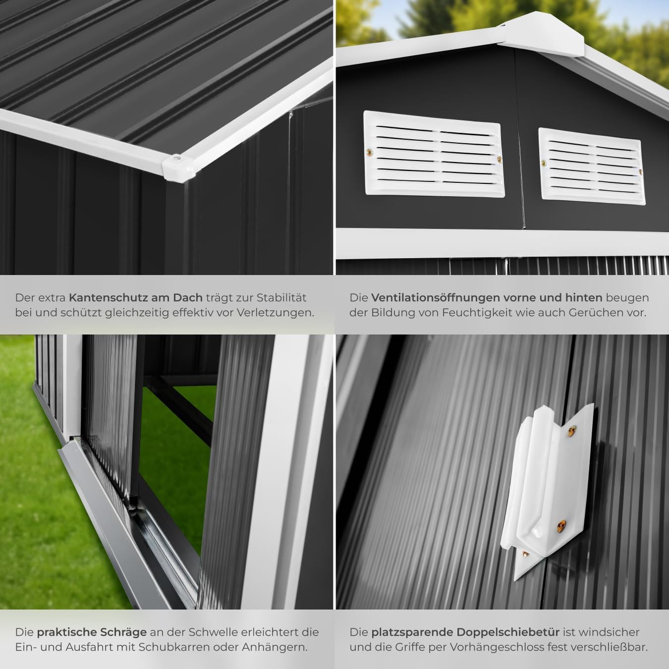 tectake® Metall Gartenhaus mit Satteldach, Geräteschuppen Garten mit Schiebetür, Gerätehaus mit Metallfundament, als Gartenschuppen, Gartenhütte oder Fahrradgarage, 4 m³ Lagerfläche - grau/weiß