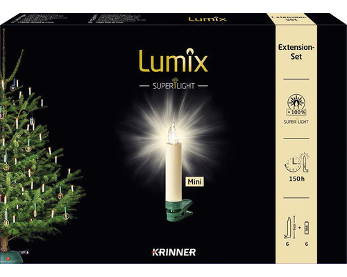 Set van 6 draadloze LED-kerstboomkaarsen, uitbreidingsset Krinner Lumix Superlight Mini, warm wit licht, inclusief timerfunctie en batterij.