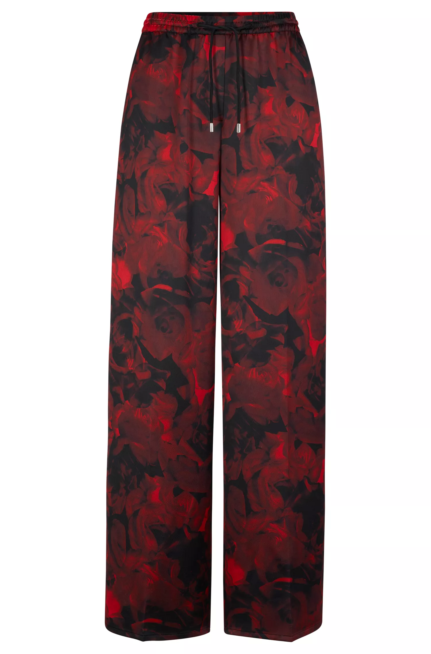 Calça HUGO vermelha de pernas largas e corte relaxado com estampa de rosas.