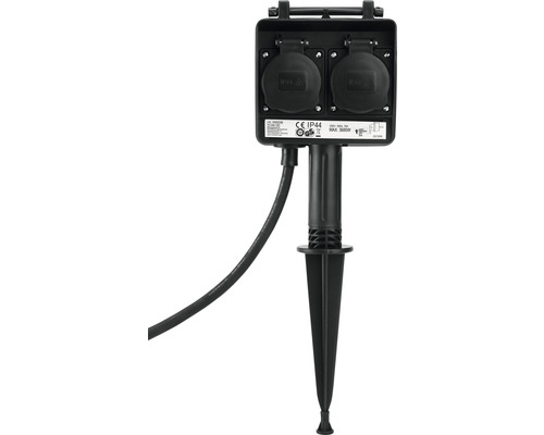 Tuinstopcontact met grondpen, 2-voudig, IP44, 1,5 m kabel, zwart, tot max. 3680 watt