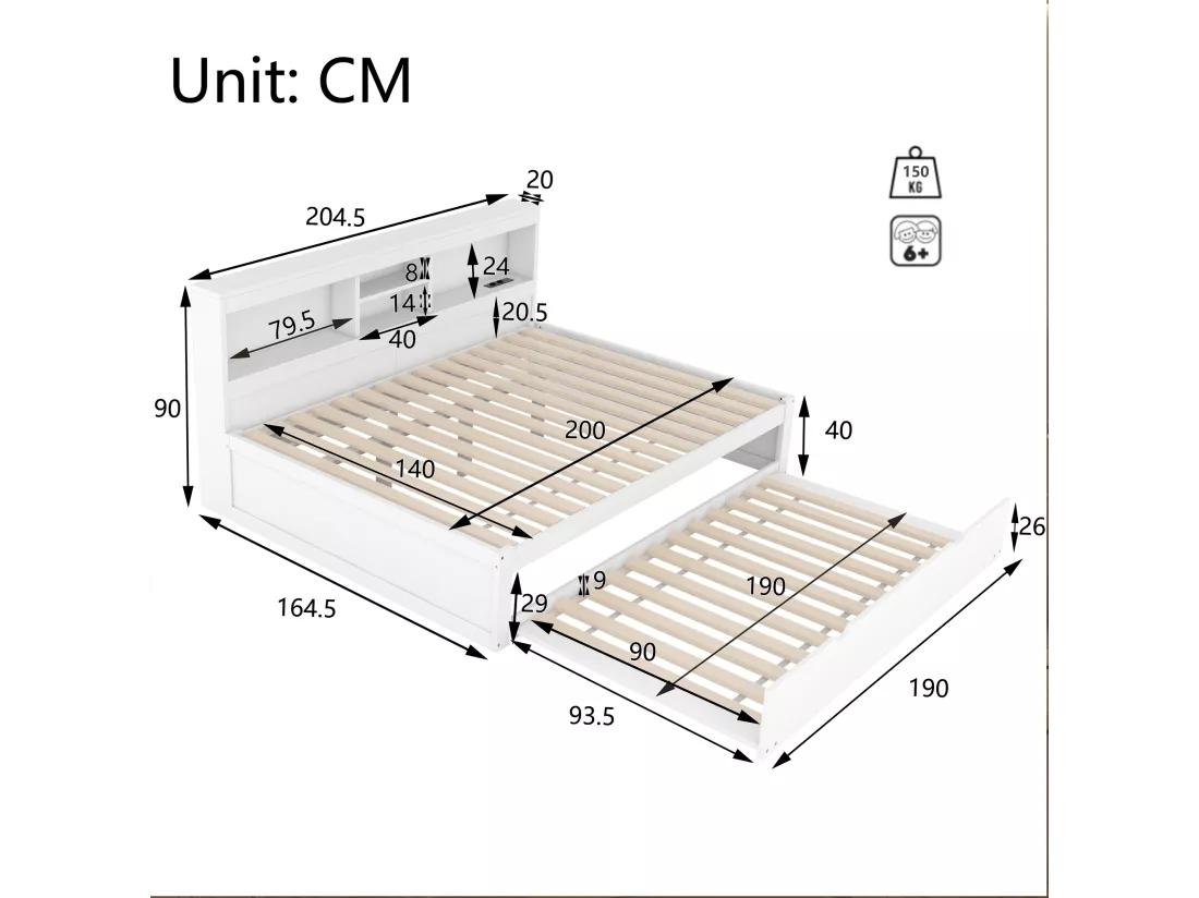 Lit banquette 140x200cm avec un lit gigogne 90x190cm - chevet de rangment avec LED et prises - Blanc