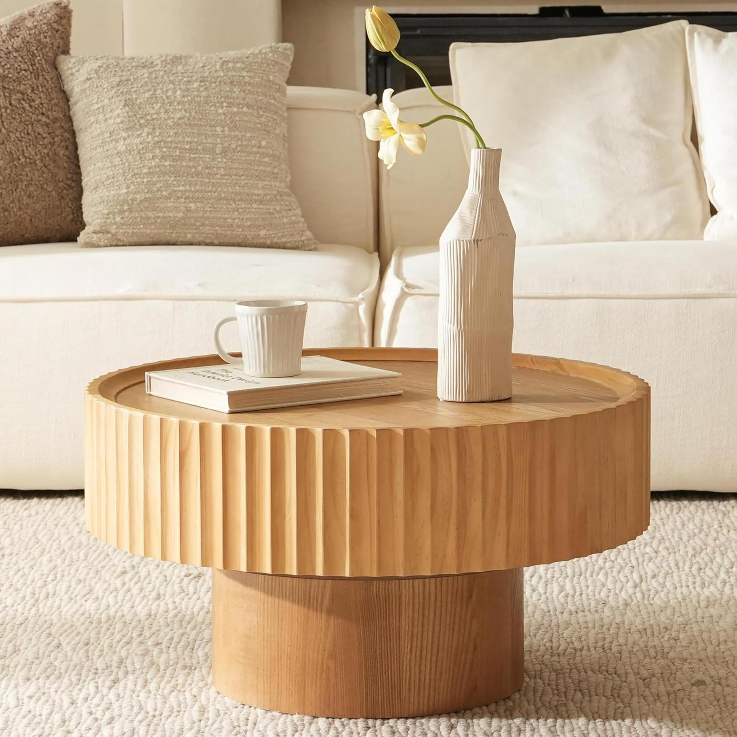 Couchtisch Rund, Wohnzimmertisch mit Geriffeltem Design, Couchtisch in Pilzform mit Den Maßenφ70×38 cm, Coffee Table aus Kiefernholz für Wohnzimmer, Zimmer und Balkon(Natural Wood)